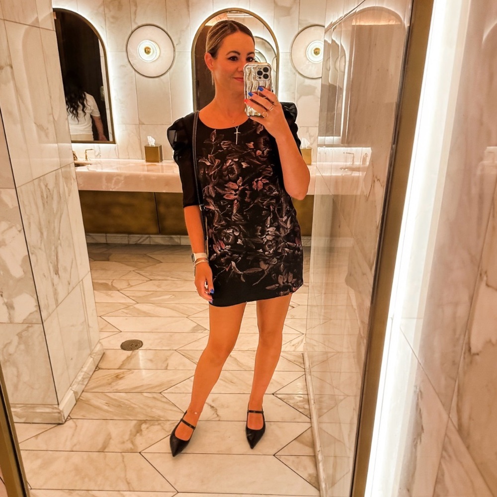 Kensie Satin Black Floral Mini Dress with Sheer Puff Sleeves